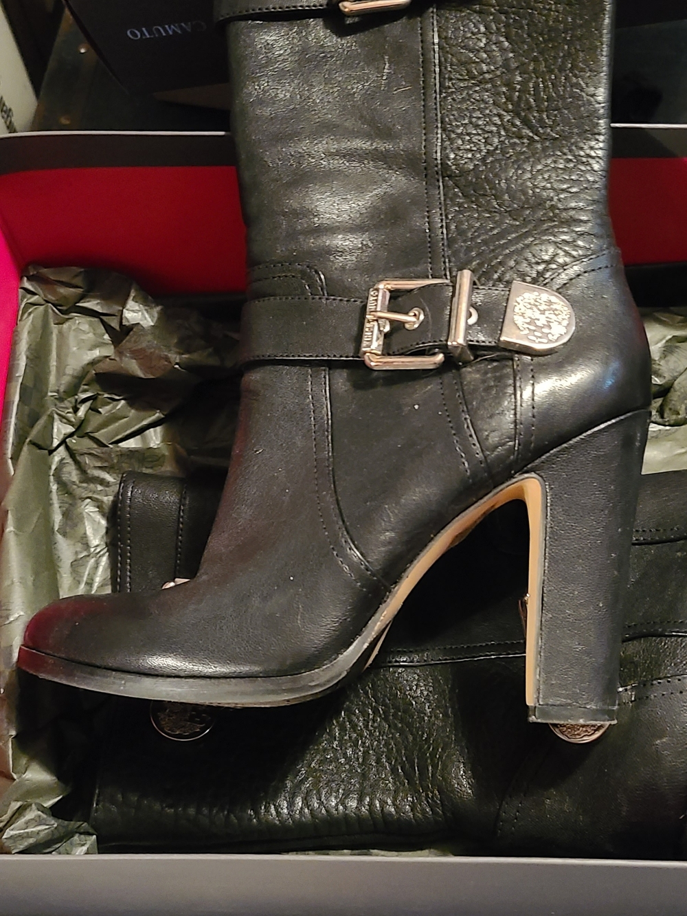Vince Camuto Black Leather High Heel Buckle Boots